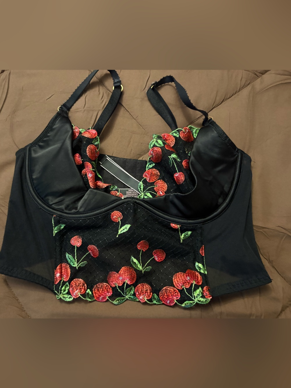 Victoria's Secret Black Mesh Bustier with Red Cherry Embroidery. Size 36C.